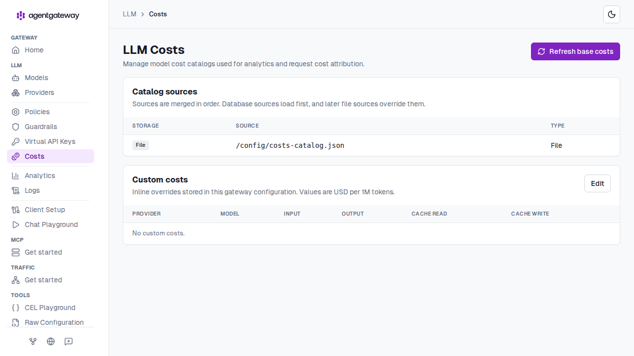 UI LLM Costs page showing catalog sources and custom cost overrides